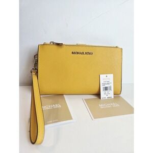 New Michael Kors Jet Set Travel Double Zip Wallet Leather Phone Yellow NEW‎
